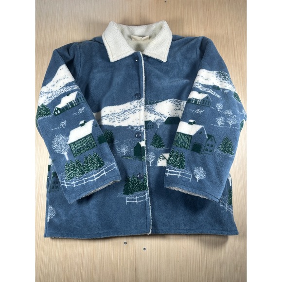 St. John's Bay Jackets & Blazers - Vintage 90s St. John's Bay Fleece Jacket Womens 2X Blue‎ Hillside All Over Print